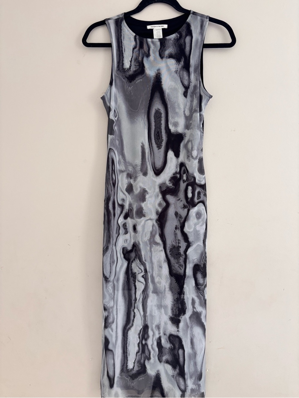 Caution To The Wind Marble-Print Sleeveless Maxi Dress in Black and Gray